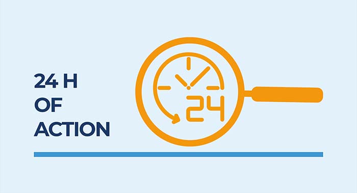 Magnifying glass icon with 24 hours clock